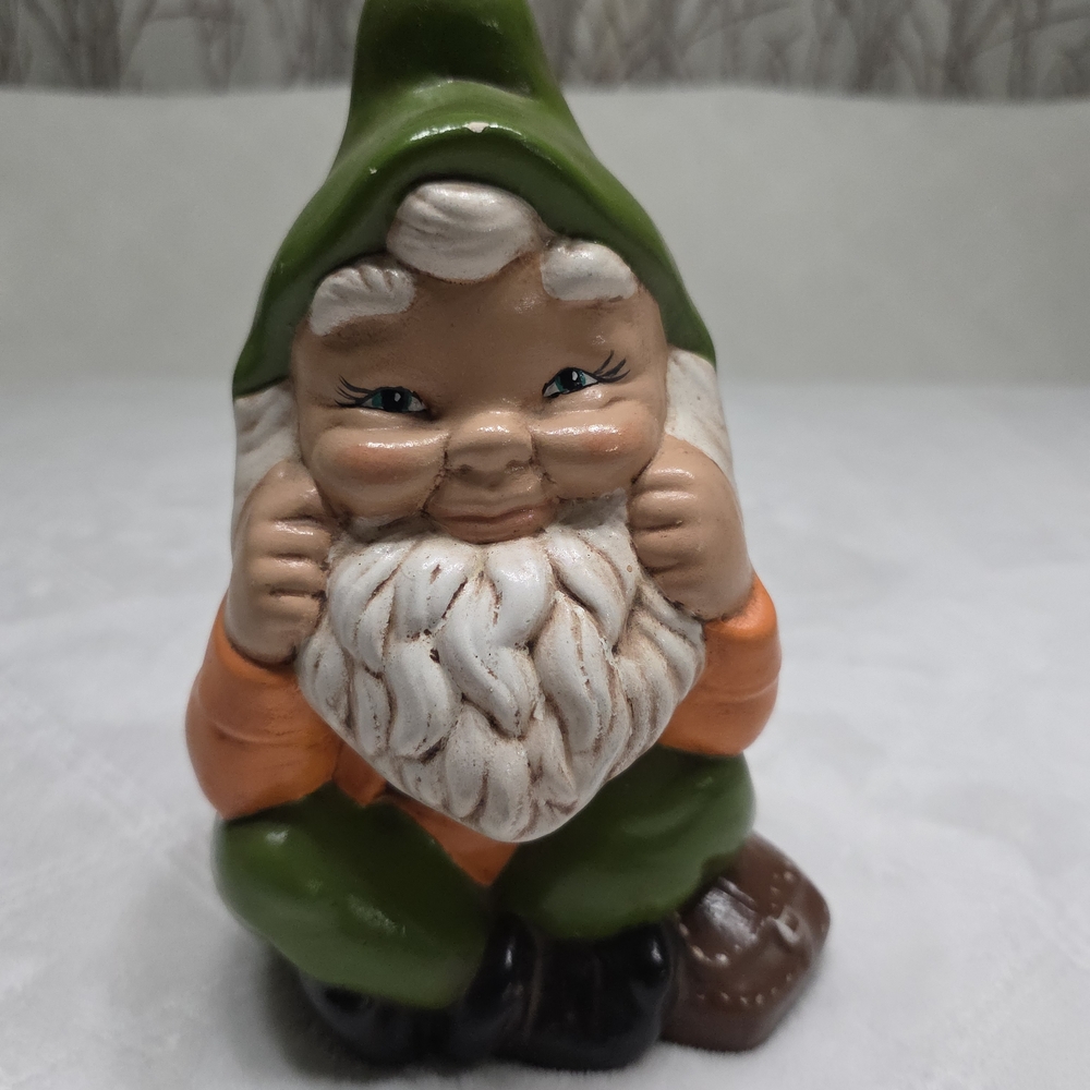 Vintage 70s Hand Painted Ceramic Garden Gnome Figurine - Green Hat, Orange Shirt